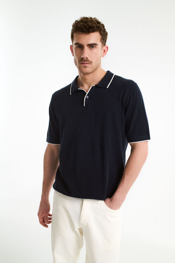 Selected Polo de lino de manga corta Azul marino