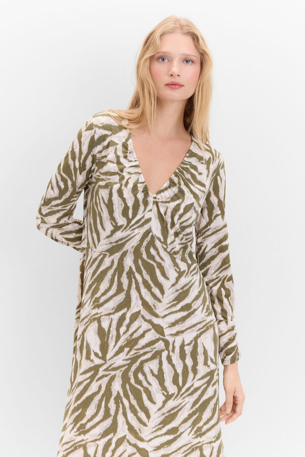 Cortefiel Vestido estampado manga morcego Verde