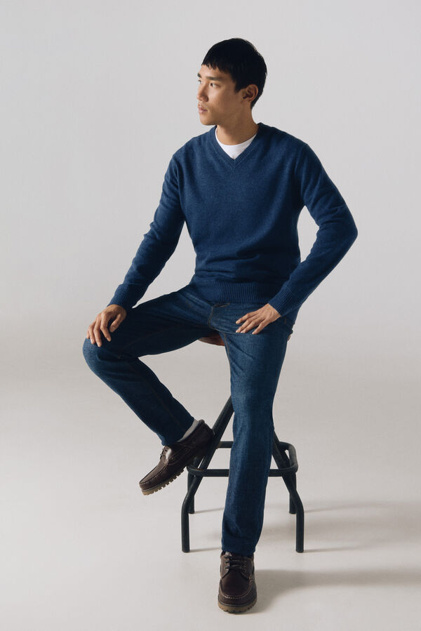 Cortefiel Camisola lã lambswool gola em bico Azul