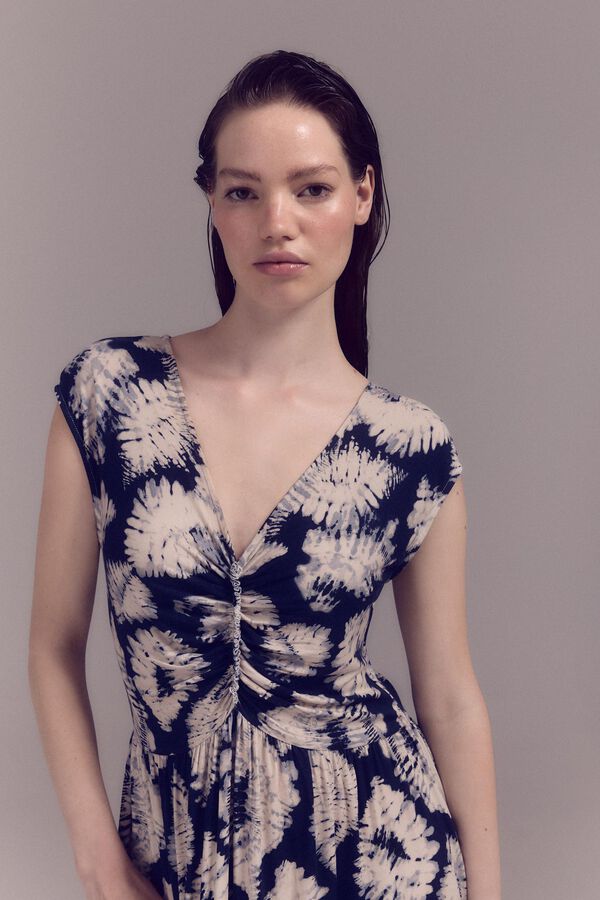 Slowlove Vestido punto estampado frunce Estampado azul