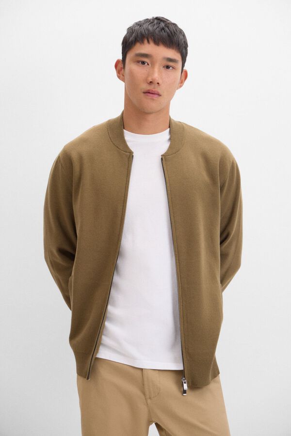 Cortefiel C&aacute;rdigan punto algod&oacute;n bomber cierre cremallera Kaki