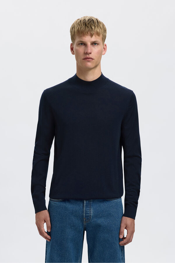 Selected Jersey cuello mock 100% lana merino. Azul marino