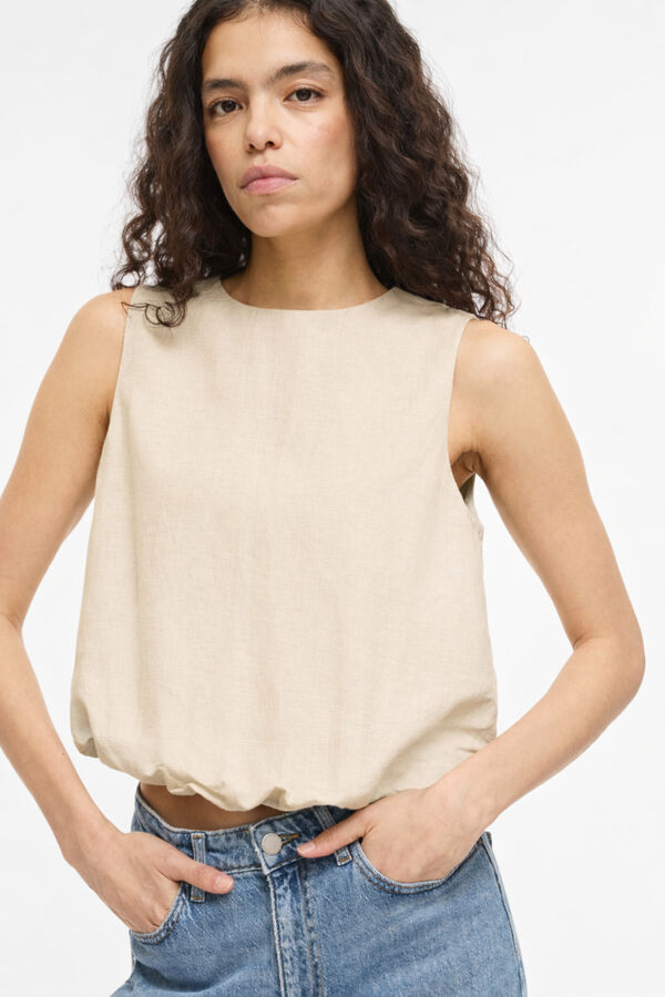 Vila Top de lino efecto globo Beige
