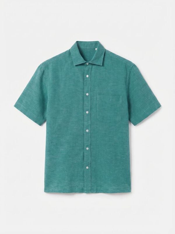 Cortefiel Camisa de algod&atilde;o e linho lisa de manga curta Verde