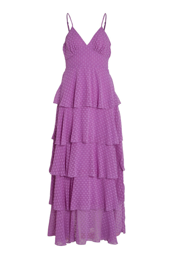 Vila Vestido comprido de festa com folhos e bolinhas. Roxo