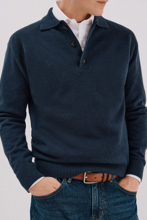 Cortefiel Jersey estructura lana cuello polo botones Azul marino