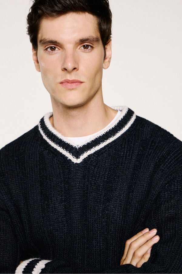 Selected Jersey cuello pico lana y alpaca Azul marino