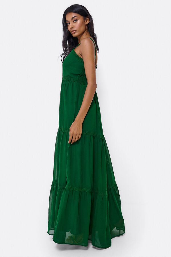Cupl&eacute; Vestido comprido de al&ccedil;as, com renda e algod&atilde;o Verde