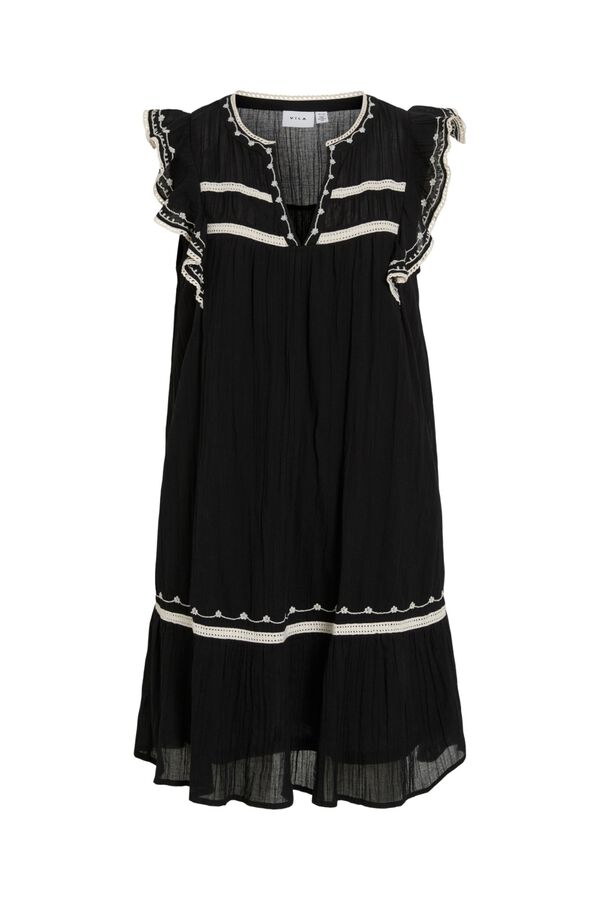 Vila Vestido curto com bordados em algod&atilde;o org&acirc;nico Preto