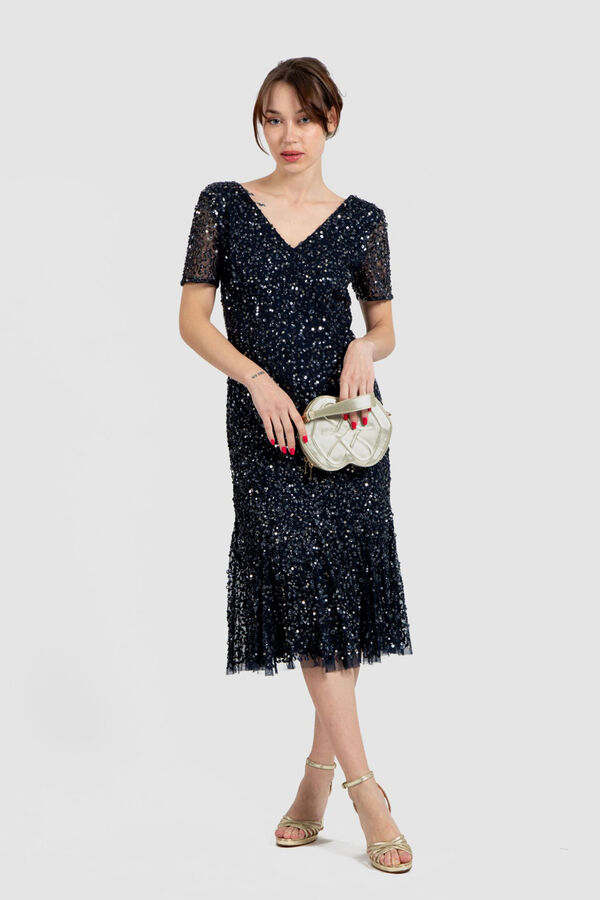 Cuplé Vestido midi com folho e lantejoulas Azul