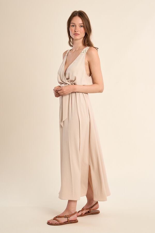 Molly Bracken Vestido comprido de manga cava com detalhes bordados Tostado