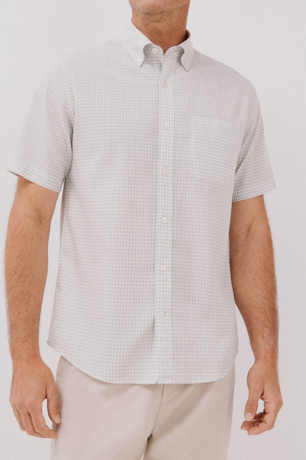 Cortefiel Camisa xadrez lisa, manga curta , algod&atilde;o tencel Verde