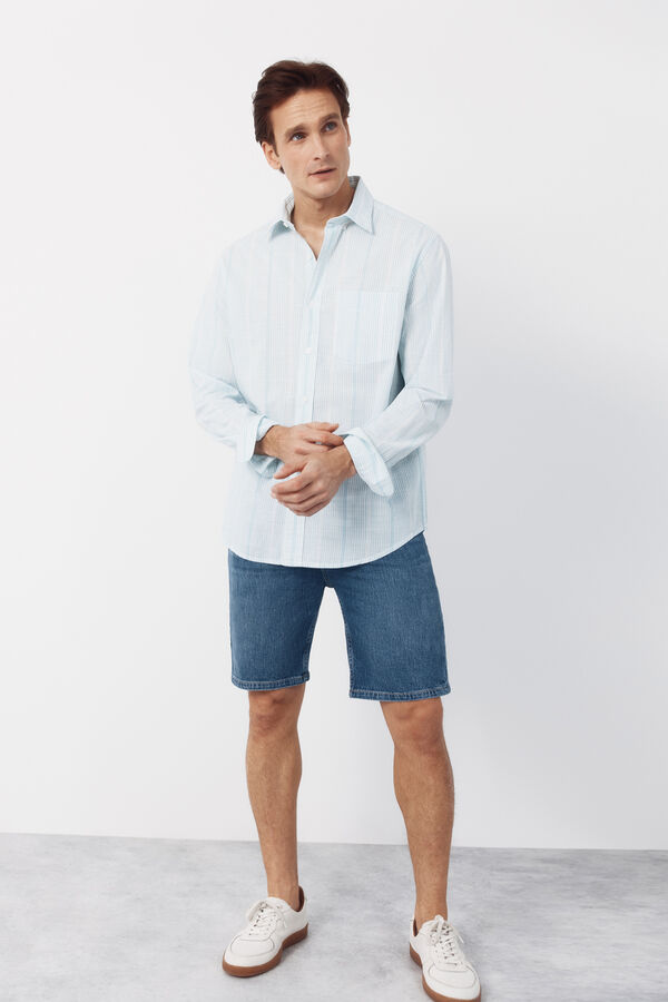Cortefiel Camisa de riscas em algod&atilde;o slub Azul