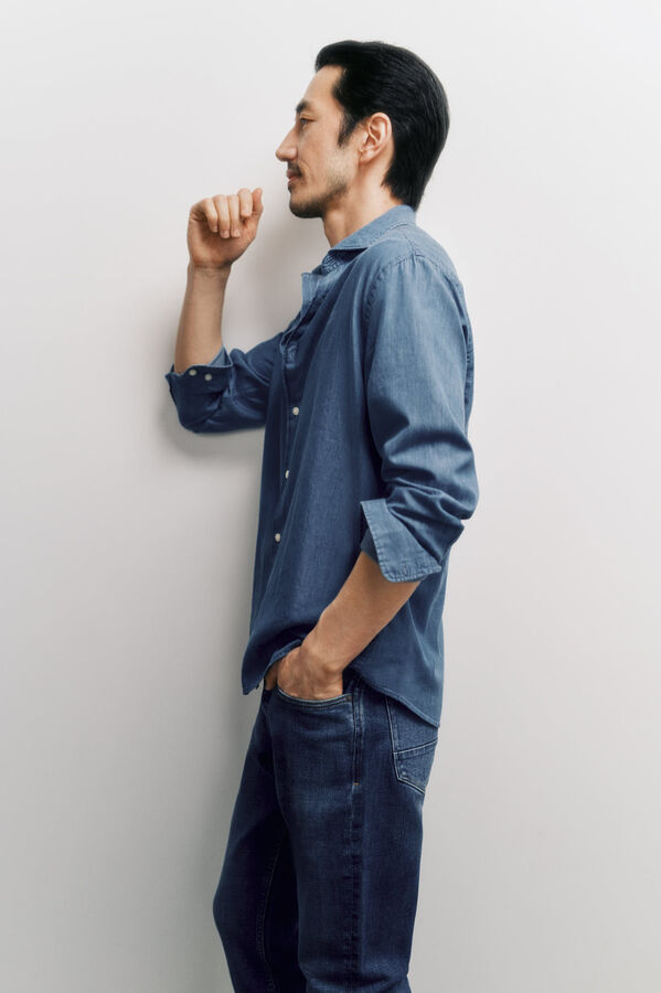 OOTO Camisa de ganga de manga comprida  Azul