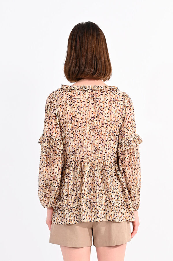 Molly Bracken Blusa de mujer de manga larga plisada con estampado Beige