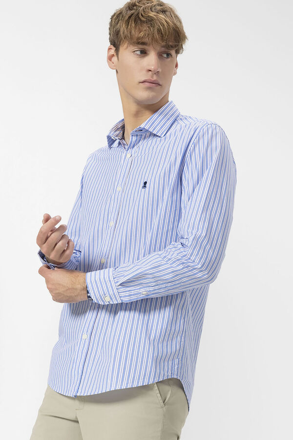 elPulpo Camisa de popelina com gola italiana com riscas m&uacute;ltiplas Azul