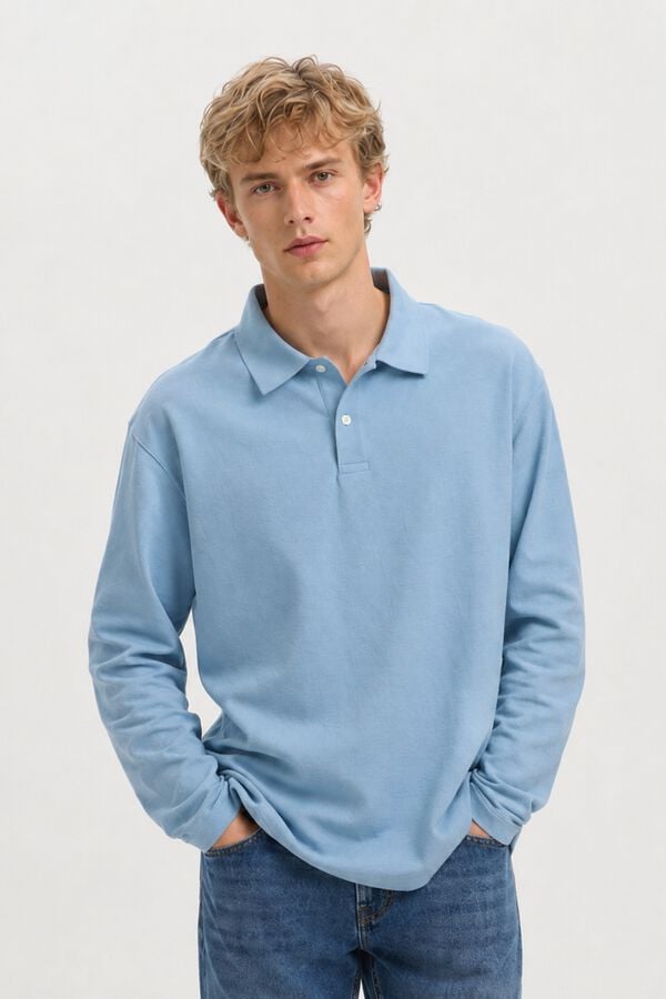 Selected Polo manga comprida relax Azul