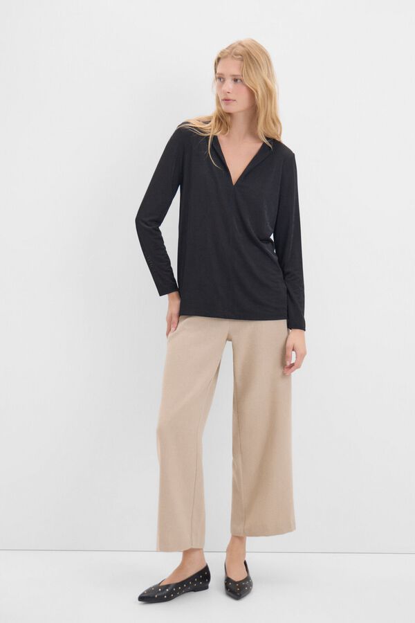 Cortefiel Camiseta manga larga crep&eacute; Negro