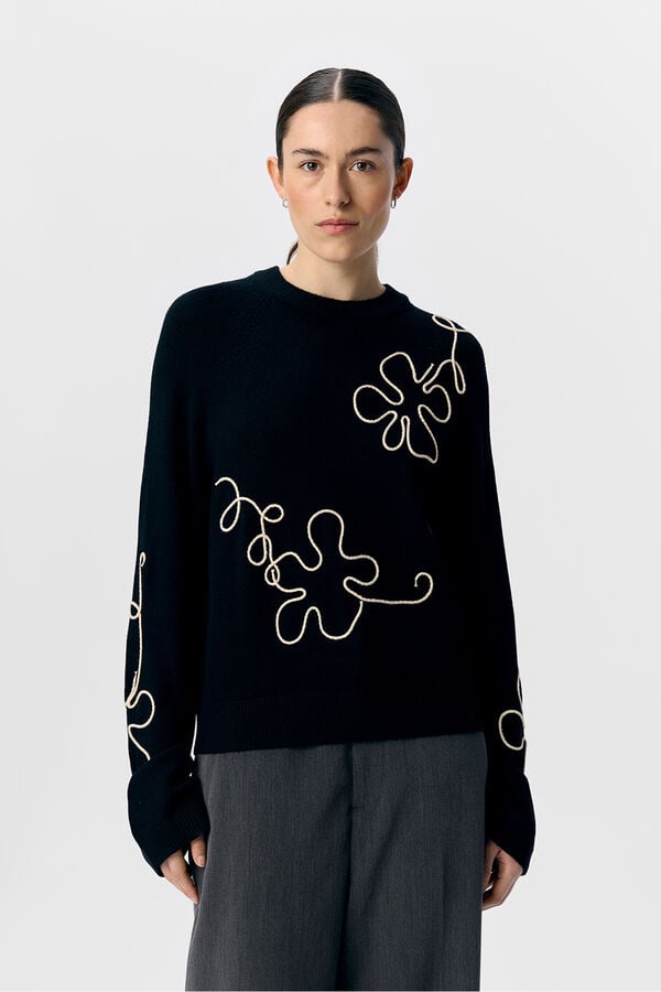 Object Jersey punto bordado flor Gris oscuro
