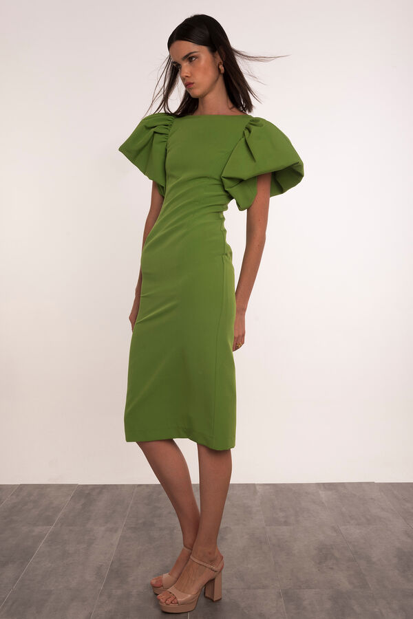 Dolores Promesas Vestido midi direito manga bal&atilde;o Verde