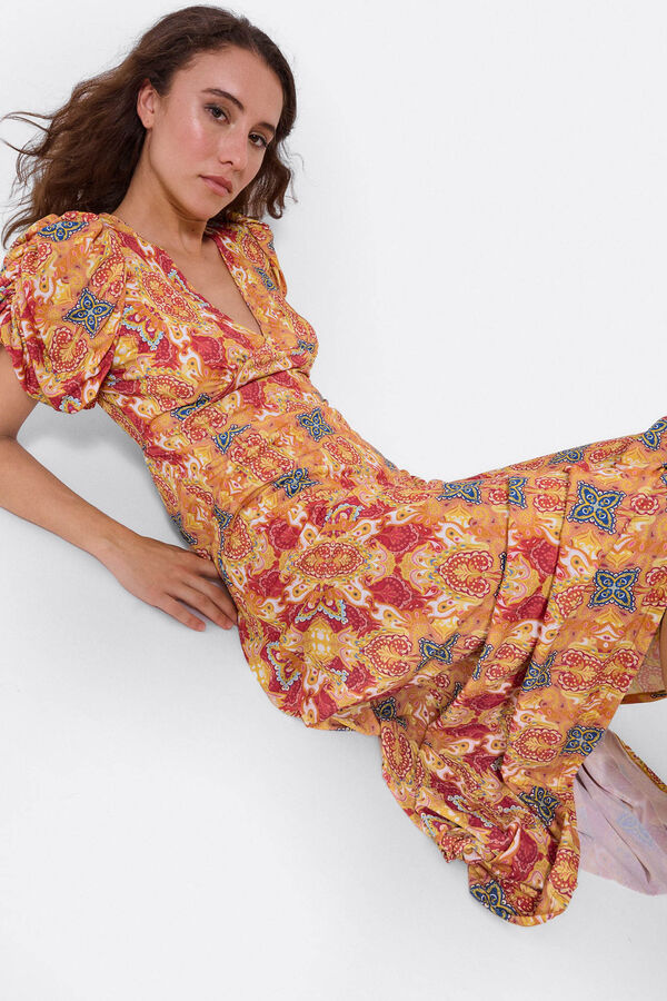 Cupl&eacute; Vestido de malha com estampado caxemira e mangas abalonadas Laranja