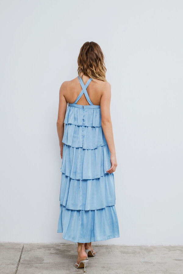 Vila Vestido de festa comprido com folhos Azul