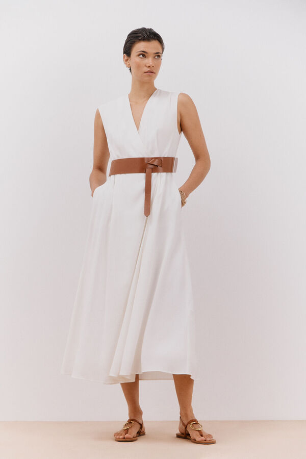 Cortefiel Vestido blanco con cintur&oacute;n Blanco
