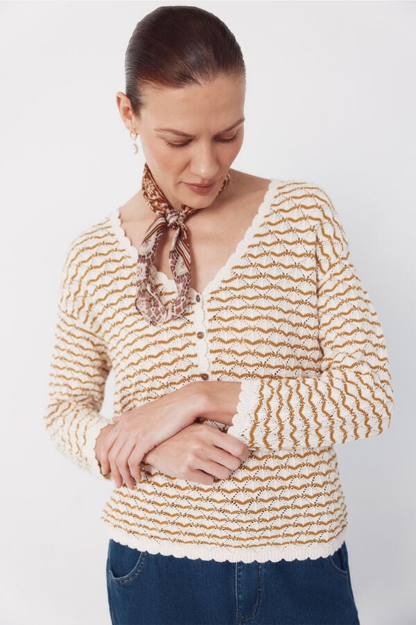 Cortefiel Camisola de malha vazada com bot&otilde;es Dourado