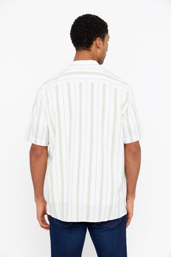 Cortefiel Camisa linho algod&atilde;o riscas curta Verde