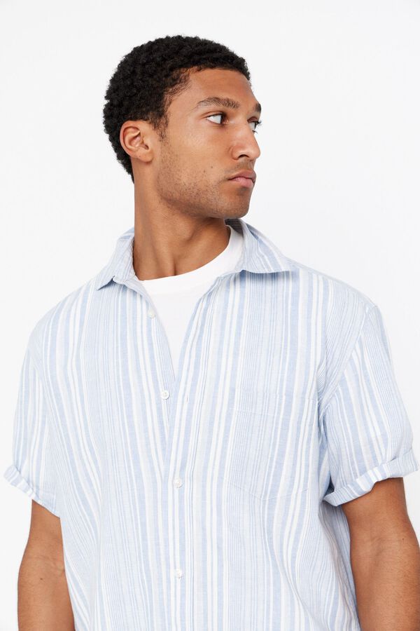 Cortefiel Camisa lino algod&oacute;n rayasmanga corta Azul oscuro