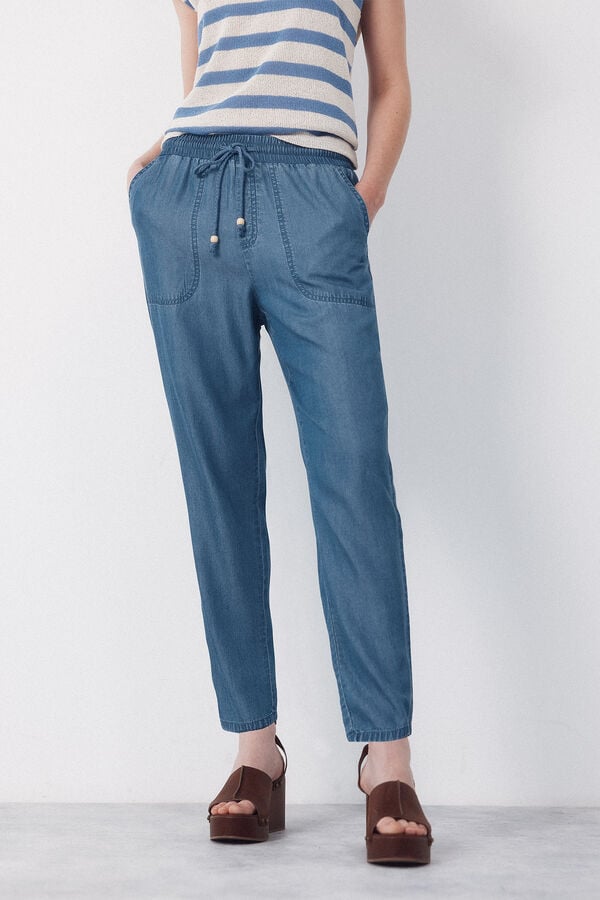 Cortefiel Pantalones Fluidos Tencel Azul
