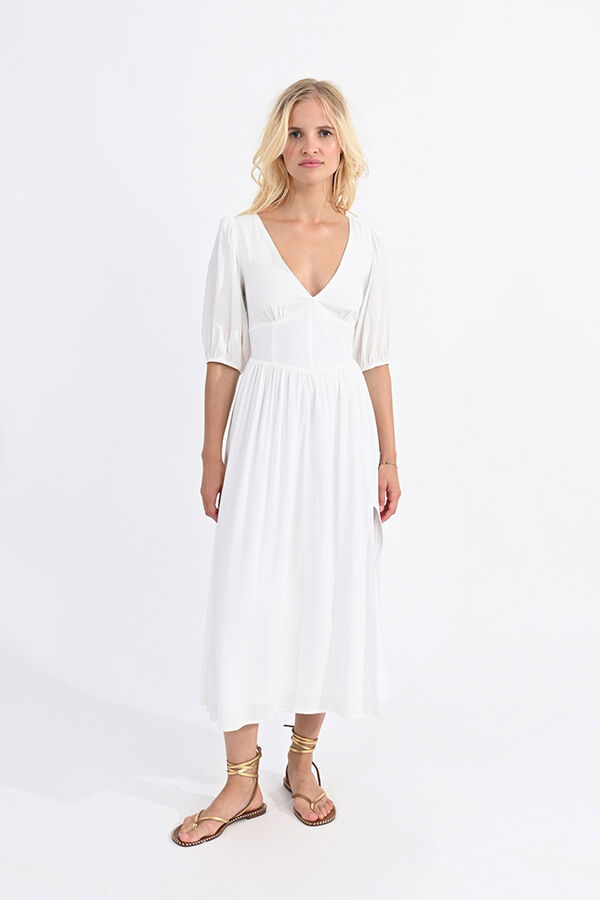 Molly Bracken Vestido comprido de manga curta com pregas Ecru