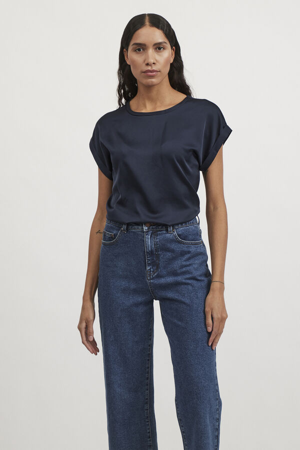 Vila Blusa satinada manga corta Azul marino