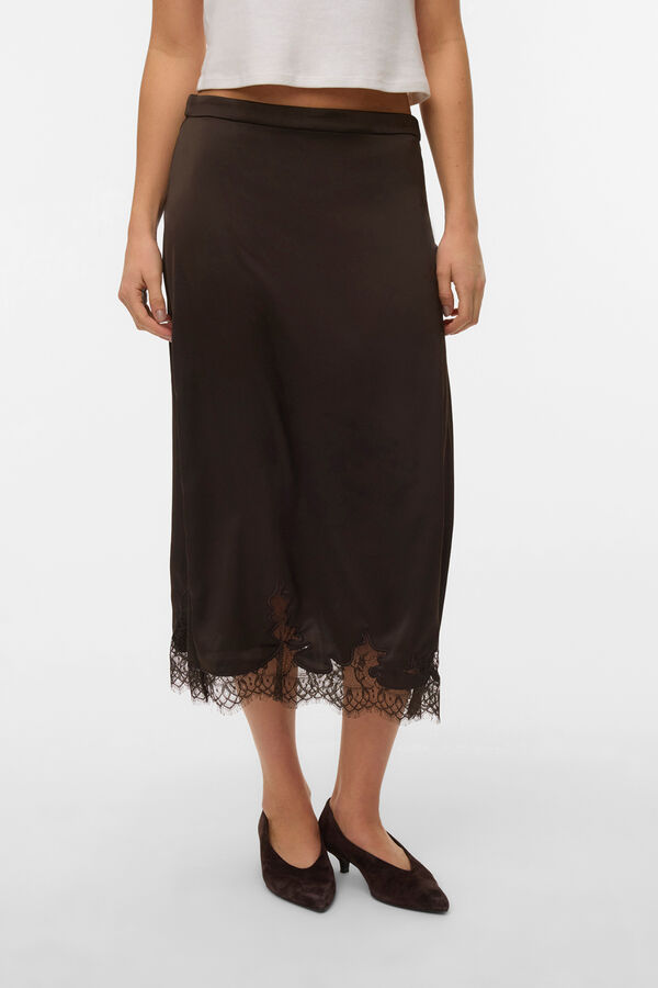 Vero Moda Saia midi acetinada com renda Castanho