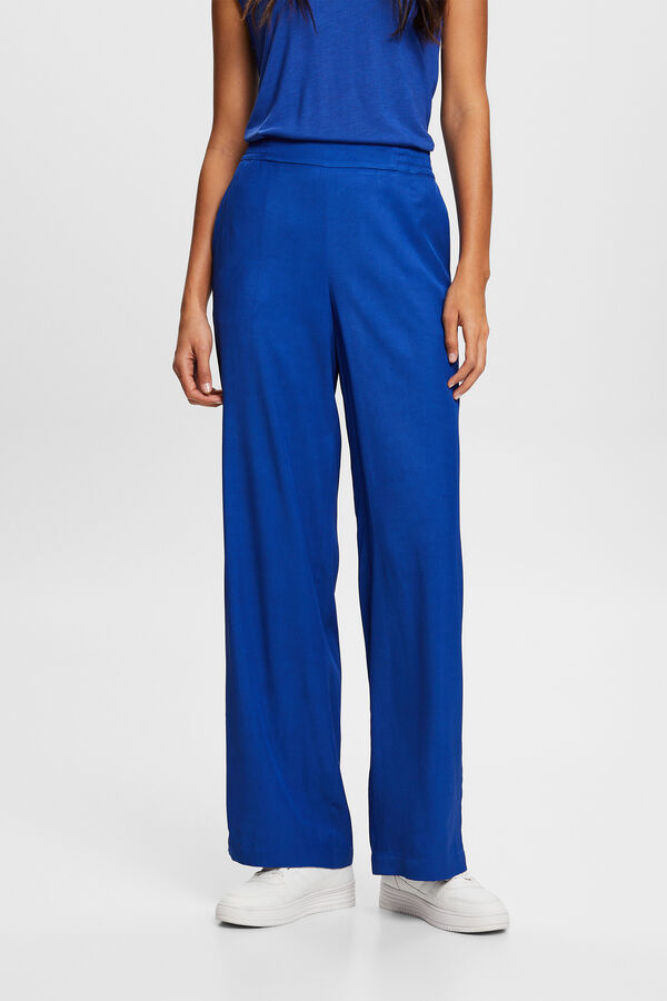 Esprit Cal&ccedil;as largas e flu&iacute;das de viscose com tecido monocolor Azul