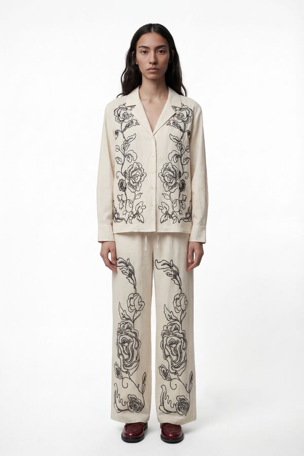 Vero Moda Pantal&oacute;n largo lino estampado Beige