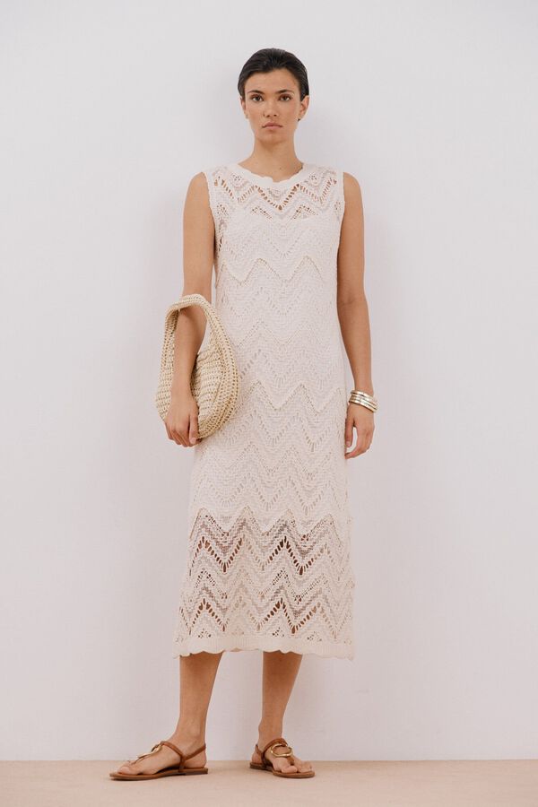 Cortefiel Vestido comprido crochet Ecru