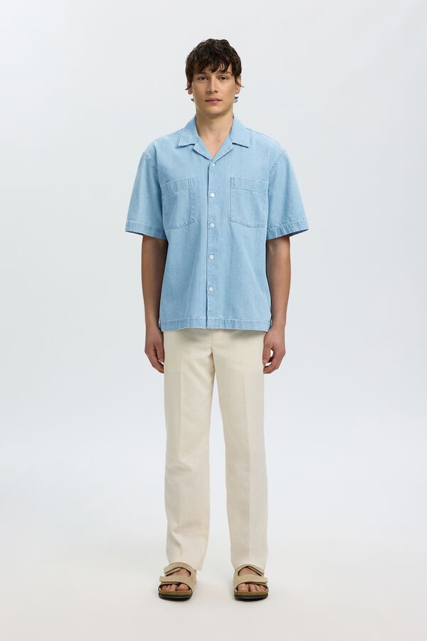 Selected Camisa jeans de manga curta Azul