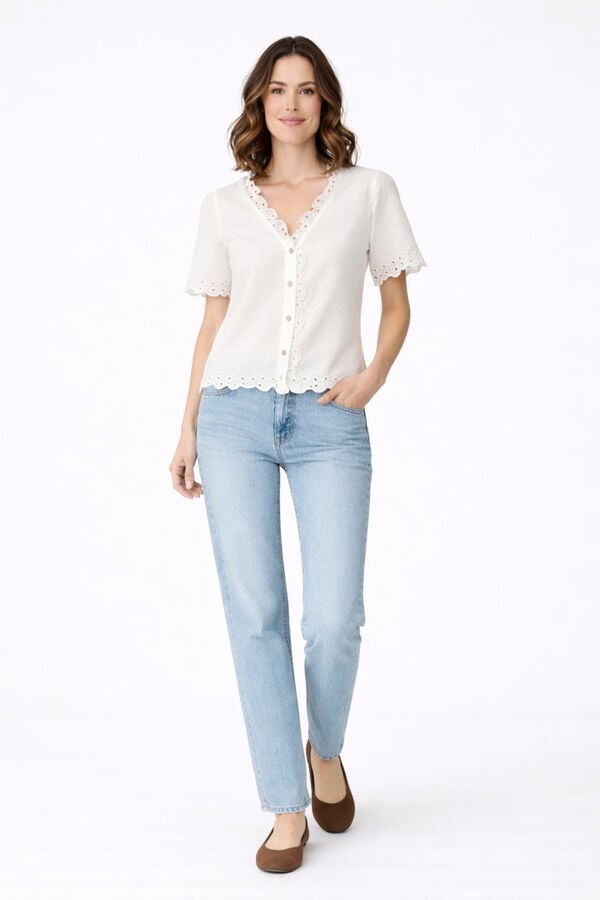 Vila Blusa em algod&atilde;o org&acirc;nico com renda inglesa Branco