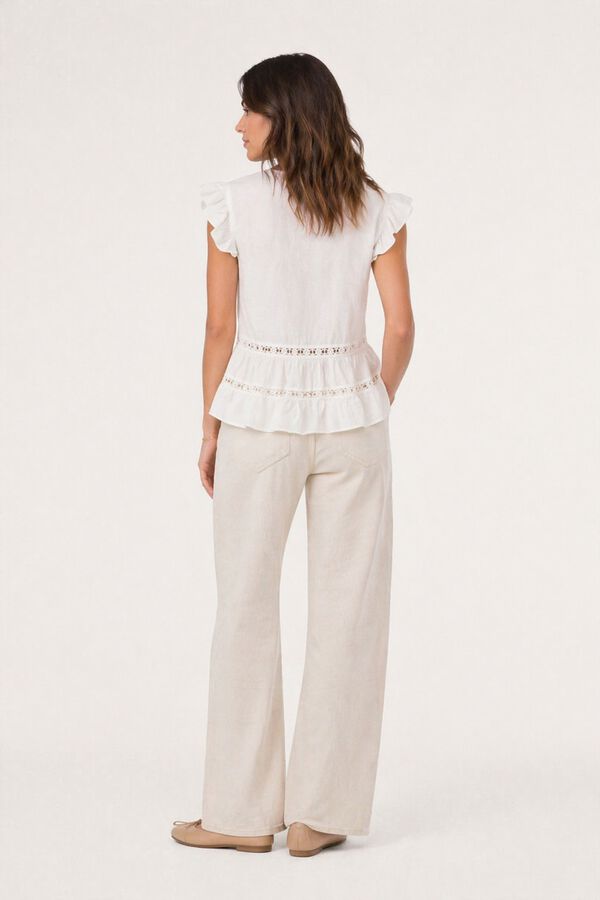 Vila Blusa em algod&atilde;o org&acirc;nico com mangas de folhos Branco
