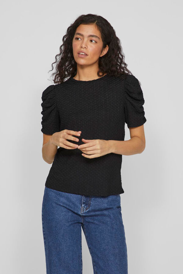 Vila Top de punto con mangas cortas fruncidas Negro