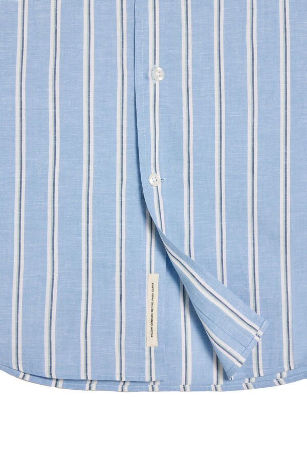 OOTO Camisa riscas algod&atilde;o linho manga comprida Azul