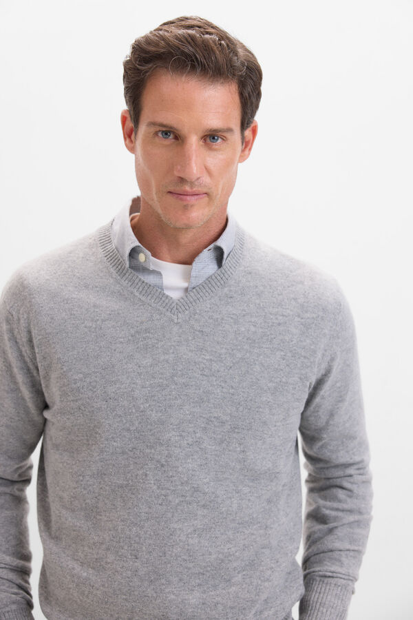 Cortefiel Jersey lana lambswool cuello pico Gris