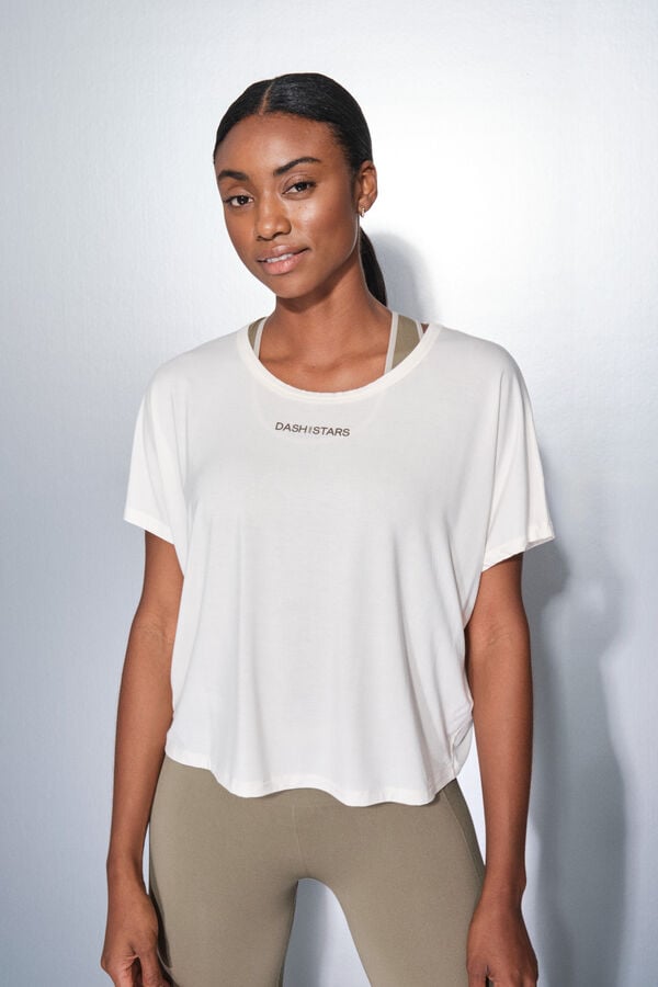 Dash and Stars T-shirt branca de manga curta e larga beige