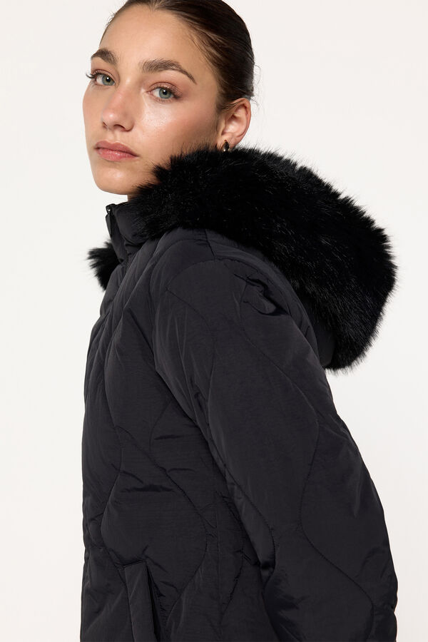 Milano Jaqueta casaco de penas com pelo no capuz Preto