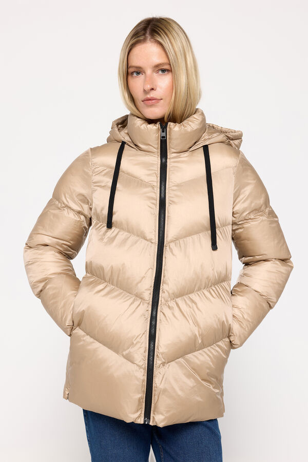 Milano Sobretudo acolchoado com capuz em tecido brilhante Camel
