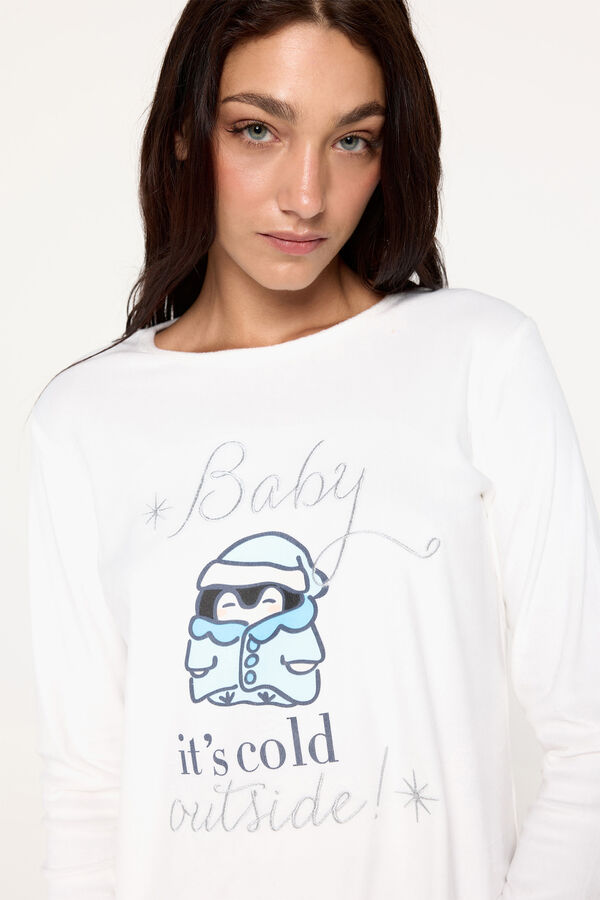 Milano Pijama de velour blanco con estampado copos de nieve. natural