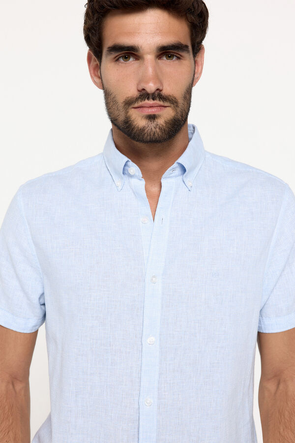 Fifty Outlet Camisa Lino Micro Pata de Gallo Azul