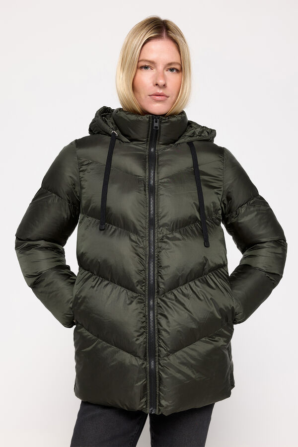 Milano Sobretudo acolchoado com capuz em tecido brilhante Cáqui escuro