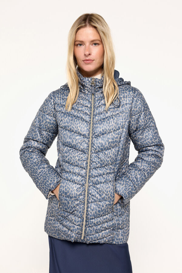 Milano Sobretudo acolchoado em tecido estampado com capuz Multicolor